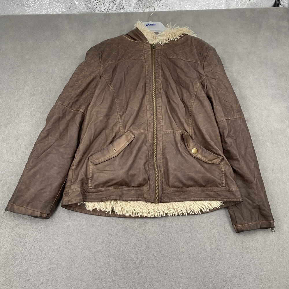 BKE Outerwear Womens Brown Faux Leather Faux Fur Lined Hooded Jacket Size XL